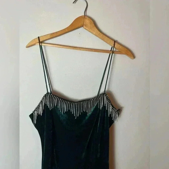 Zara Green Velvet Mini Dress Fringe Rhinestone Spaghetti Strap Cocktail Party - Picture 9 of 15